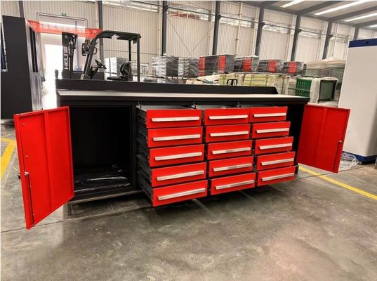 スタッドレスタイヤのハンドルと粉末で覆われた作業台の引き出し付きの倉庫ツールキャビネット