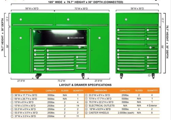 ODM 対応する重用金属ガレージ用車庫 輪とレールツールボックス