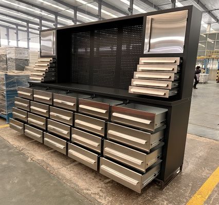 ワークショップの道具保管や重作業用引き出し用の機能的なステンレス鋼の作業台