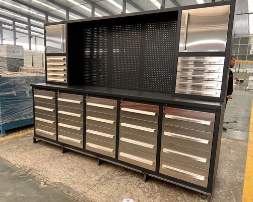 ワークショップの道具保管や重作業用引き出し用の機能的なステンレス鋼の作業台